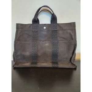 HERMES‎ Herline Tote MM Bag Canvas Grey/Brown Unisex Purse With Lock No Key